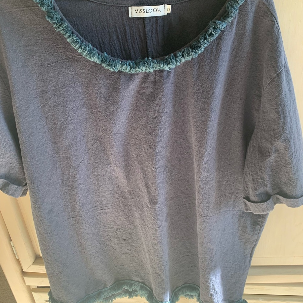 Misslook Women's Blue Short Sleeve Top with Frayed Trim